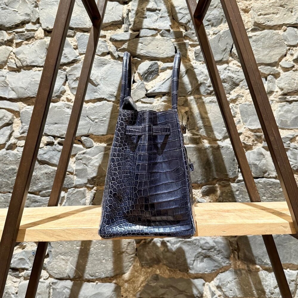Hermès 2010 Brighton Blue Shiny Porosus Crocodile Birkin 35 Bag - Picture 10 of 16